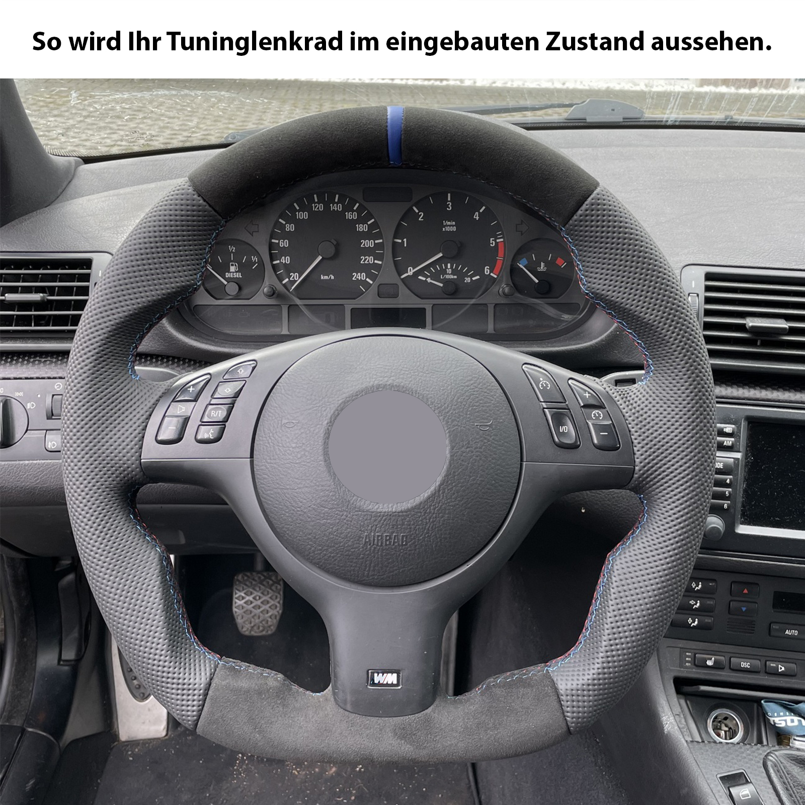 BMW Lenkrad E39 E46 M-Sport Abgeflacht Alcantara 12 Uhr Markierung blau  M-Naht